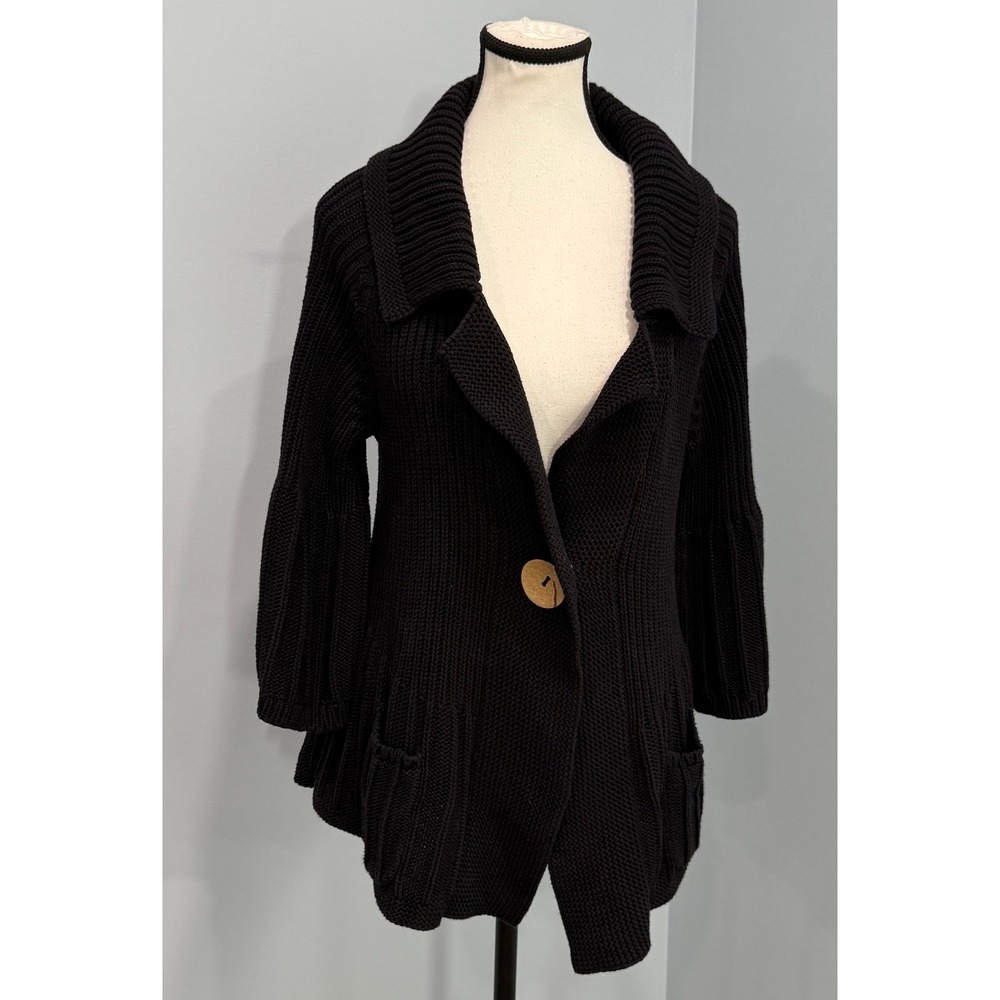 VTG Tribal Womens Black Ribbed Knit Cardigan Bell Sleeve Sweater Size Large Y2K
